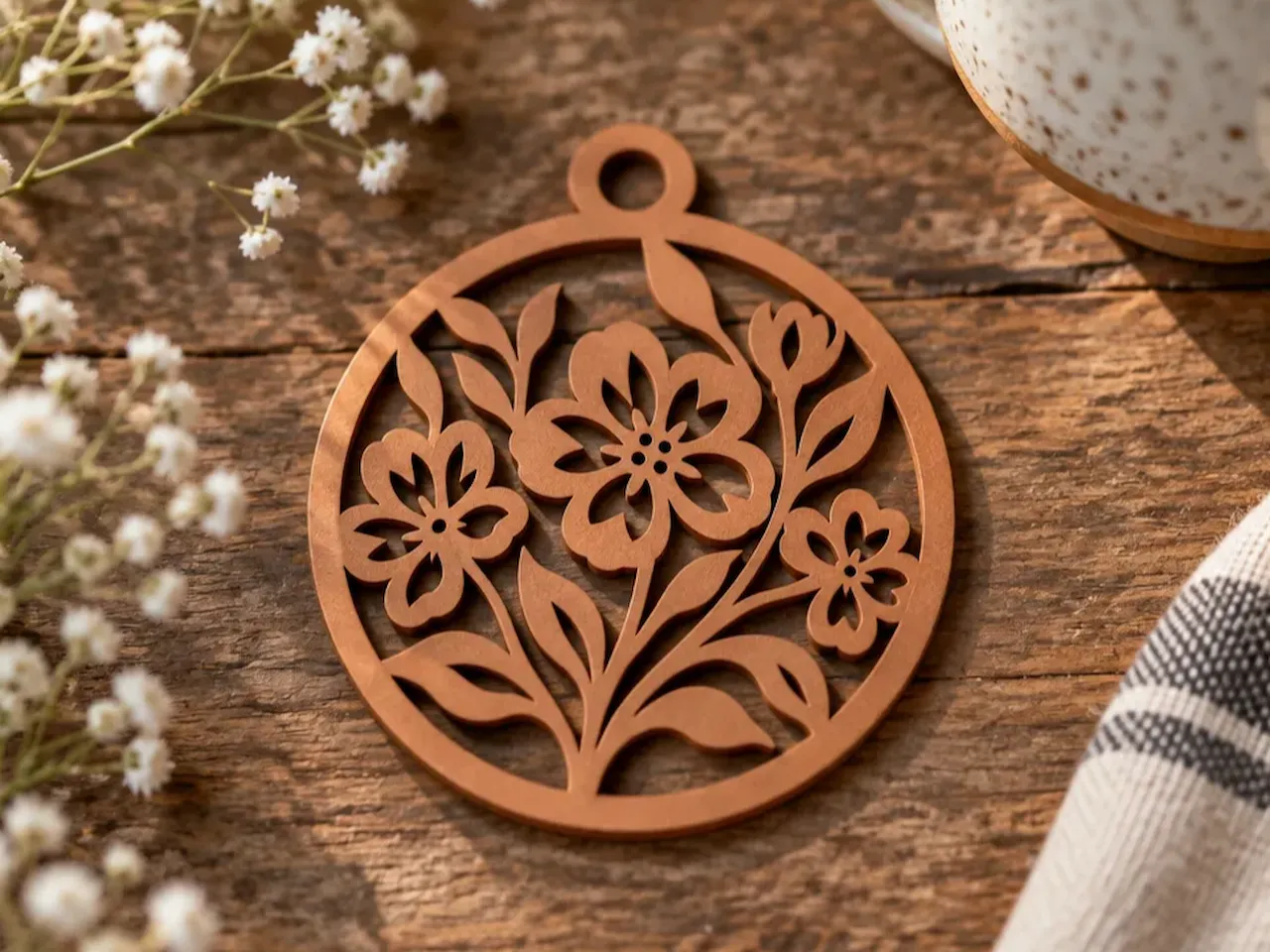 [Laser cut and engrave] Round Wooden Floral Hanging Decor