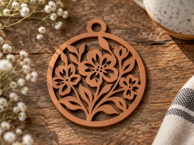hiasan gantung kayu berbentuk lingkaran dengan motif bunga