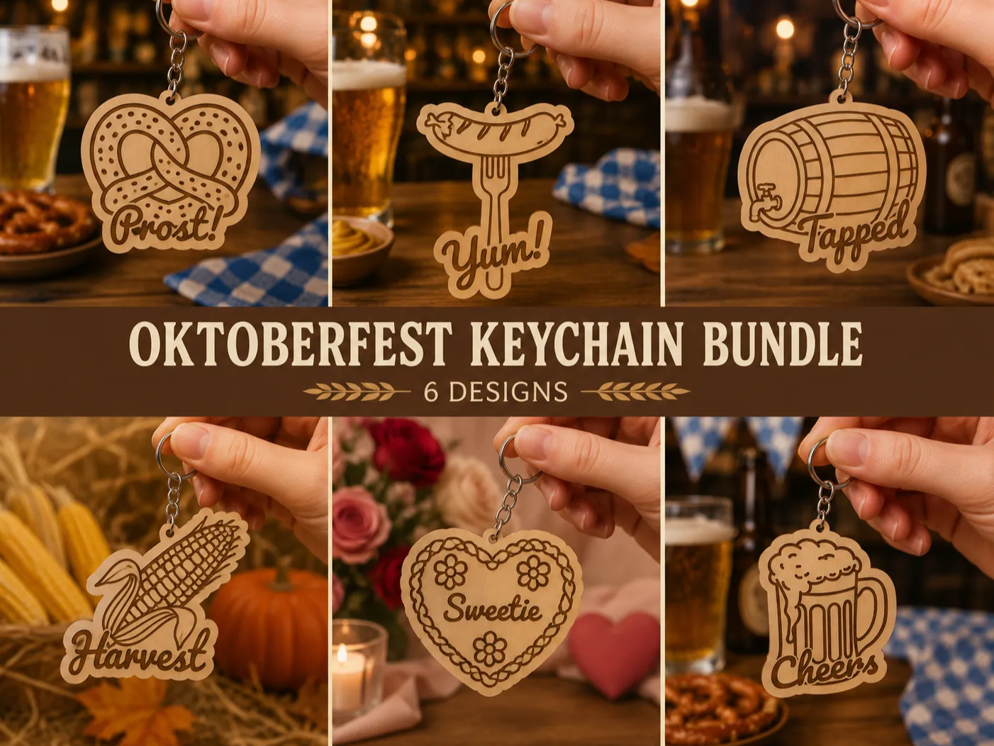 Oktoberfest Themed Wooden Keychain Set with Beer, Pretzel, and Sausage Designs