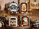 [Laser cut and engrave] Halloween Tiered Tray SVG Bundle, Arched Ghost Boo Decor Set, Round Hey Boo Sign, October 31 Shelf Sitter, Glowforge Laser Cut Files,CNC File, xTool