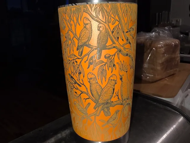 Orange Insulated Tumbler Featuring Cockatoo and Eucalyptus Tree Illustration