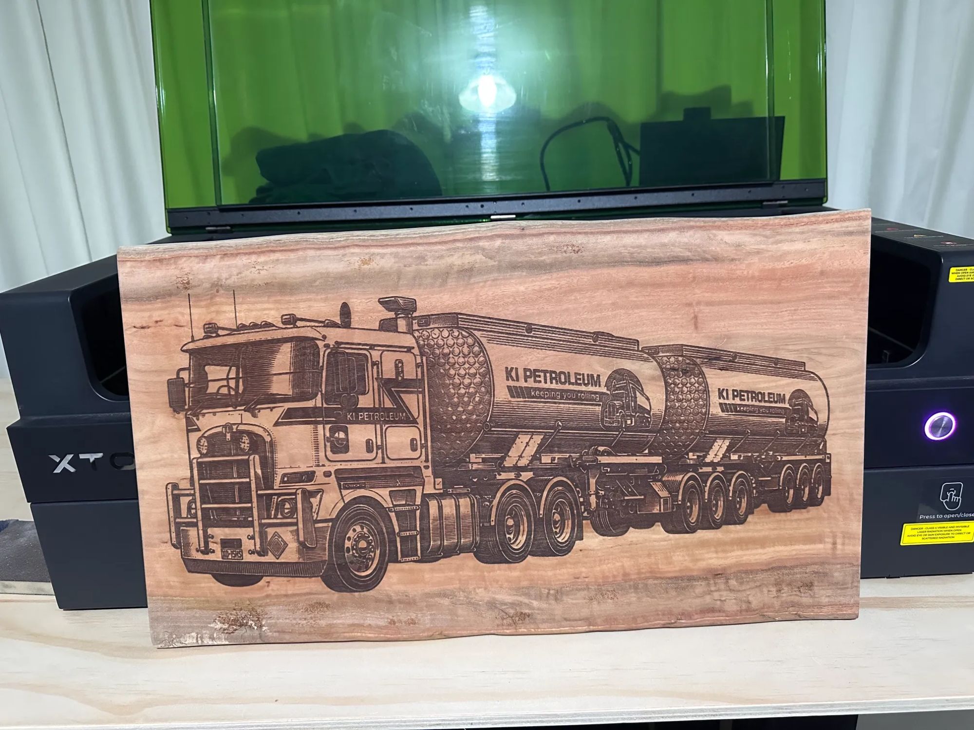 Wooden Plaque Featuring a Detailed KI Petroleum Tanker Truck Illustration