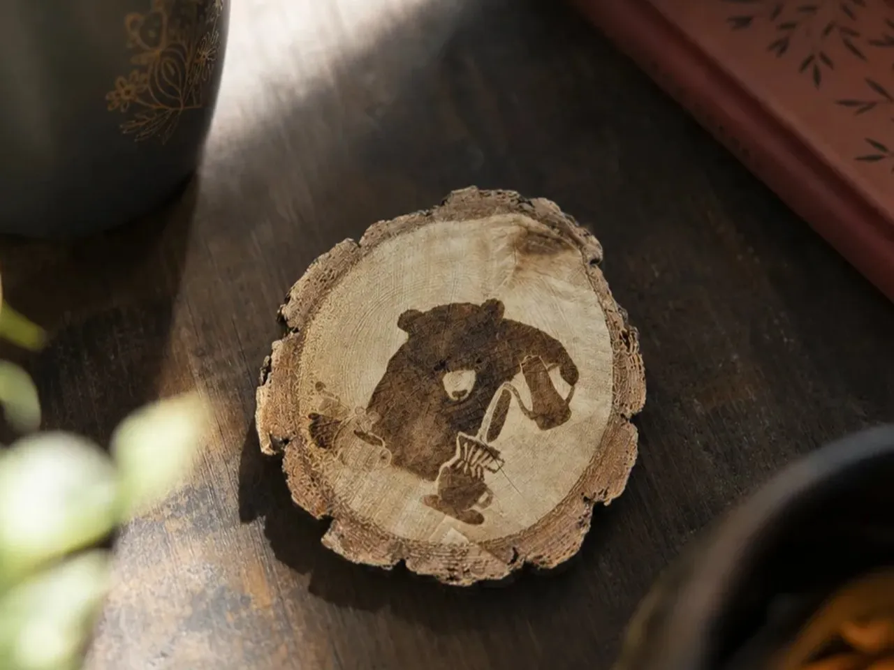 [Laser cut and engrave] Natural Wood Slice Coaster Featuring a Bear Pouring Coffee