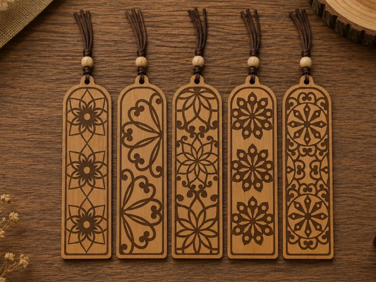 [Laser cut and engrave] Set of Five Wooden Bookmarks with Intricate Floral and Geometric Patterns