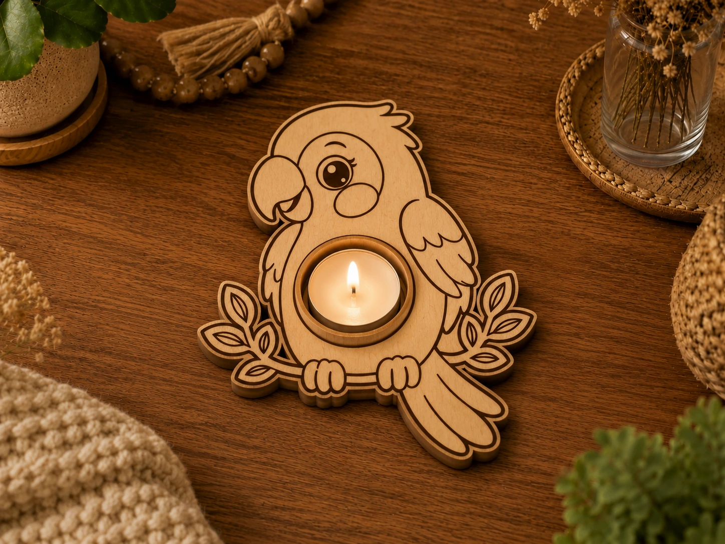 Bougeoir en bois en forme de perroquet pour bougie chauffe-plat