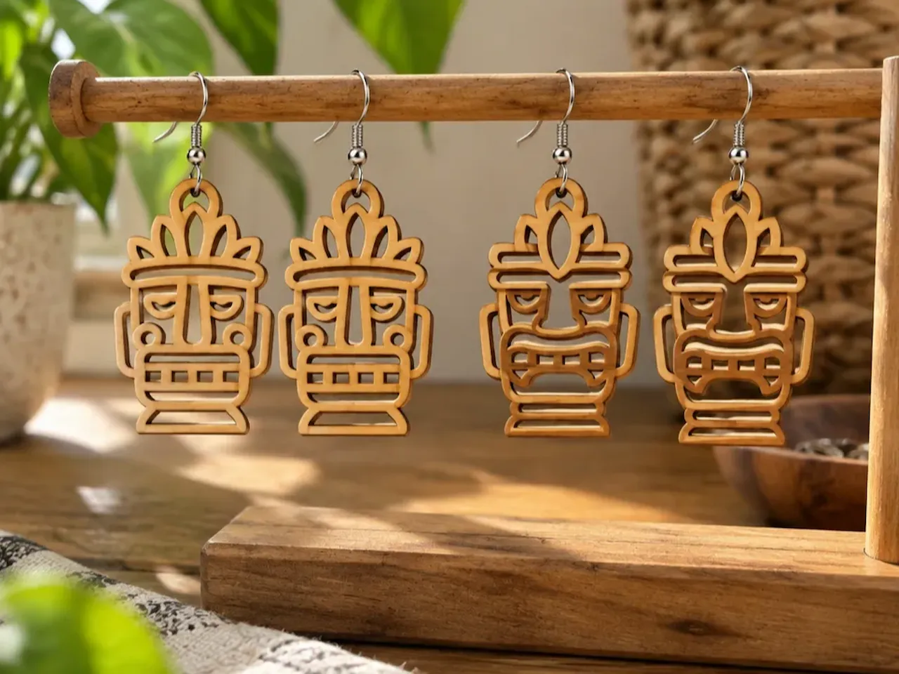 [Laser cut and engrave] Wooden Tiki Mask Dangle Earrings