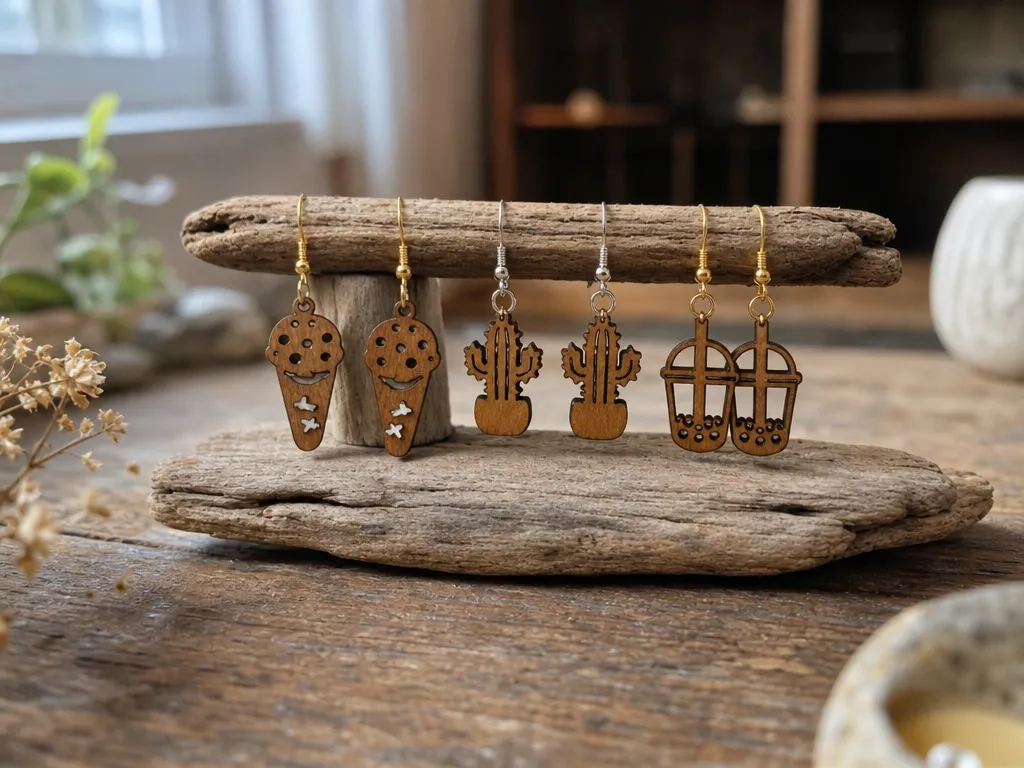 Boucles d'oreilles fantaisie en bois en forme de glace, cactus et bubble tea