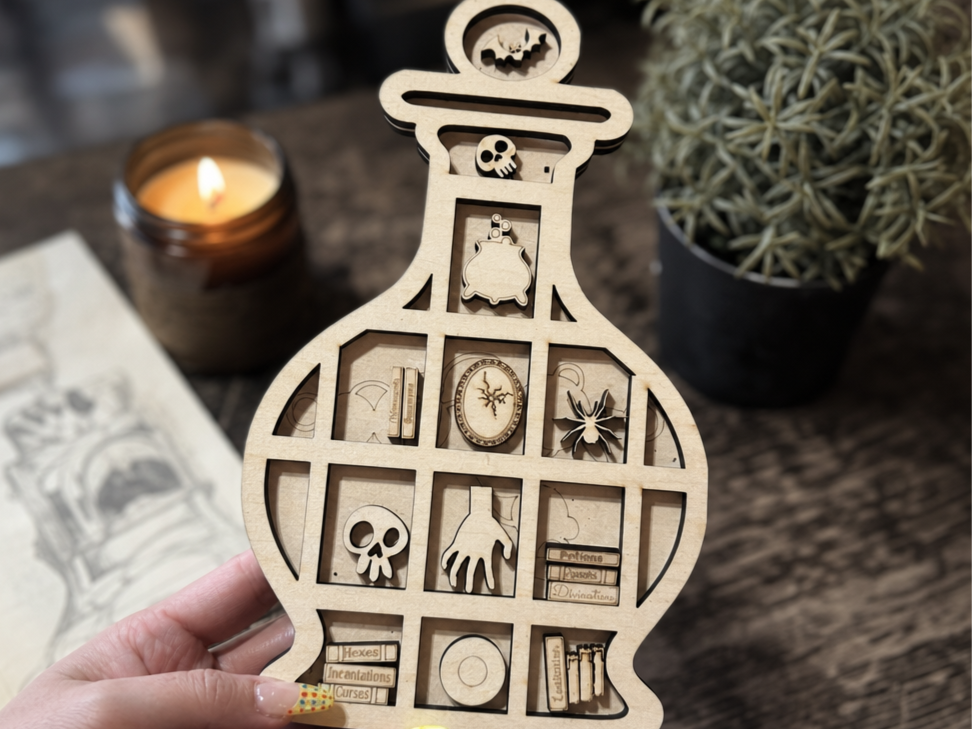 Potion Bottle Shaped Shelf with Miniature Witchcraft Icons