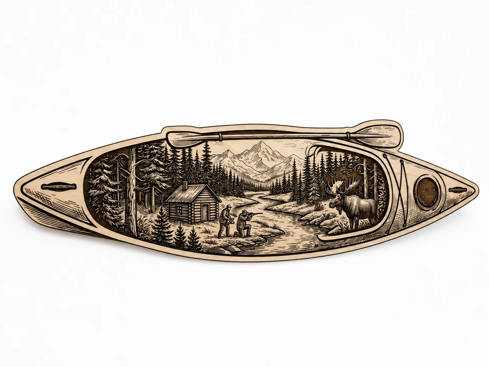 Kayak Shaped Wall Art Featuring Wilderness Cabin and Moose Scene hunting