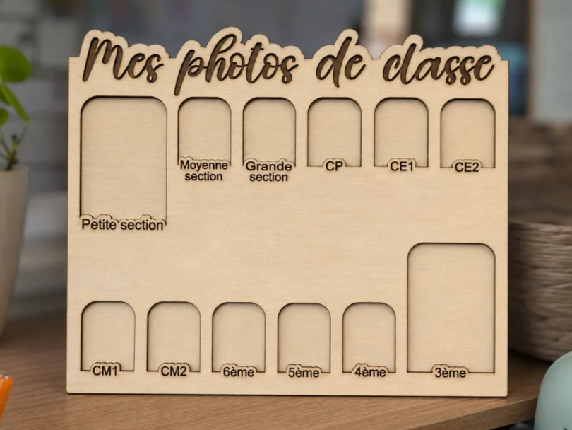 Présentoir en bois pour photos de classe de la maternelle au collège