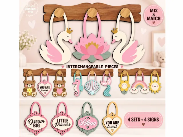 Interchangeable Nursery Wall Decor SVG Bundle, Swan Princess Door Hanger SVG, Baby Girl Room Decor, Layered Glowforge Laser Cut File