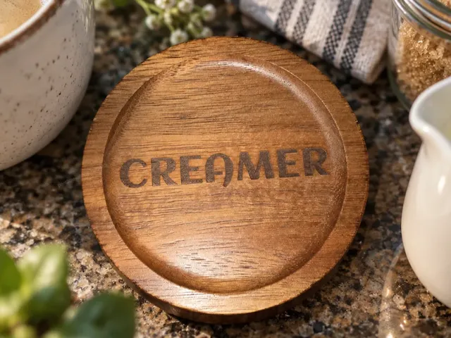 Round Wooden Creamer Lid with Engraved Text