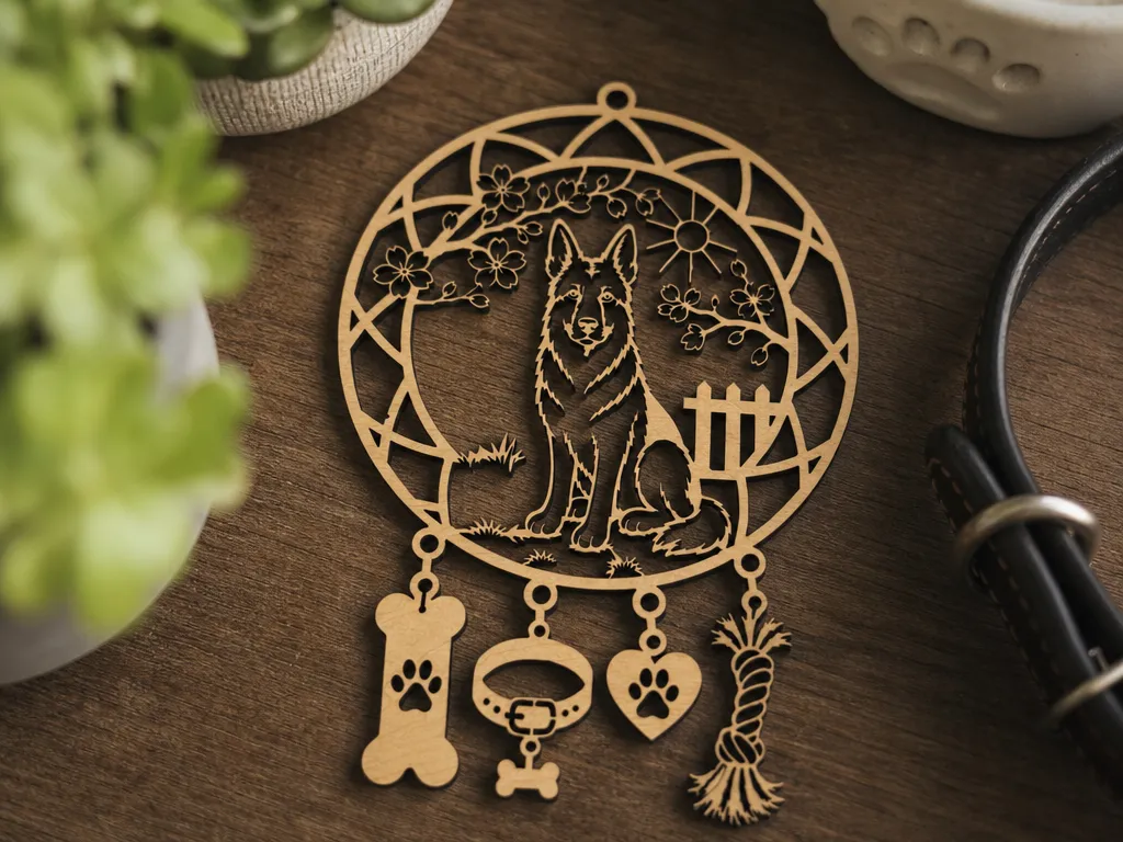 German Shepherd Dog Wall Hanging Dream Catcher with Pet Accessory Charms