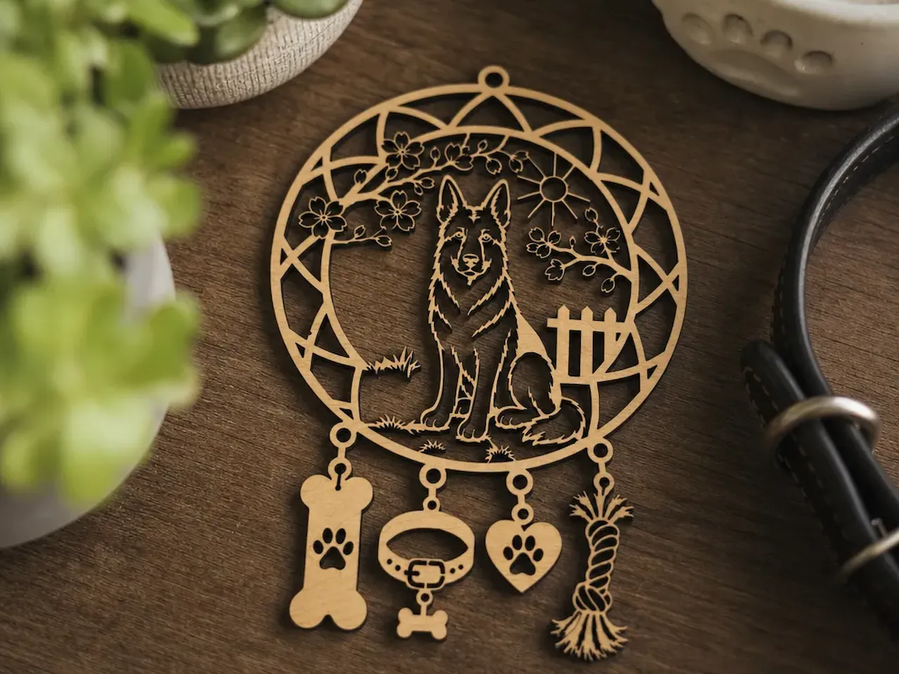 [Laser cut and engrave] German Shepherd Dog Wall Hanging with Pet Accessory Charms