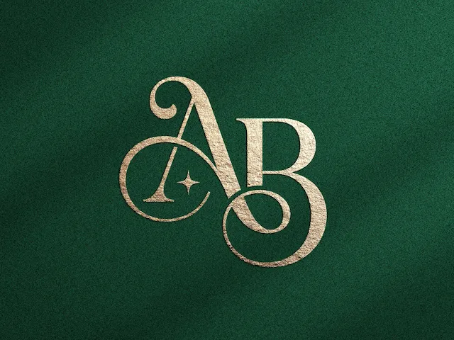 Monogramme doré avec lettres AB sur fond vert texturé