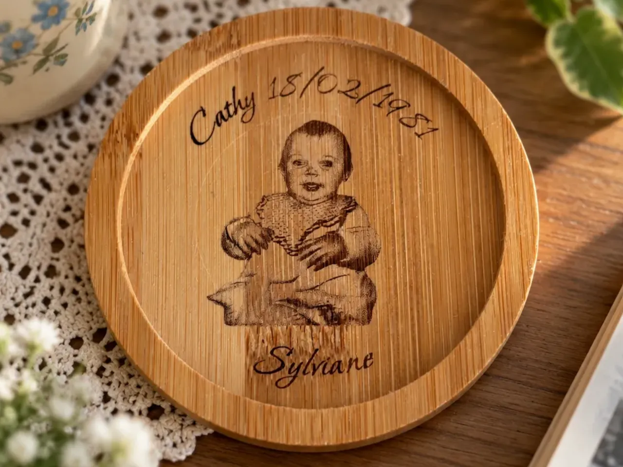 [Laser cut and engrave] Sous-verre rond en bambou avec portrait de bébé et date personnalisée