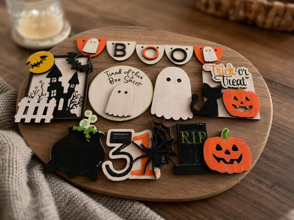 Halloween Tiered Tray Set with Ghost, Pumpkin and Haunted House Accents