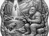[Laser cut and engrave] Bigfoot fishing with UFO abduction wall hanging plaque