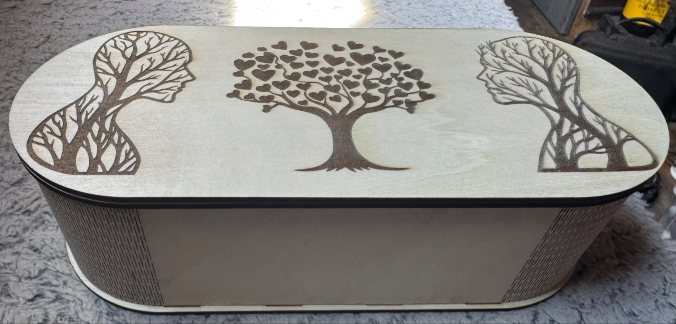 [Laser cut and engrave] Oval Wooden Keepsake Box with Tree of Life and Human Profile Art