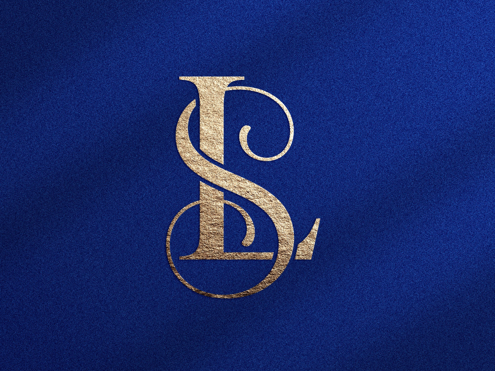 Monogramme doré avec lettres L et S sur fond bleu texturé
