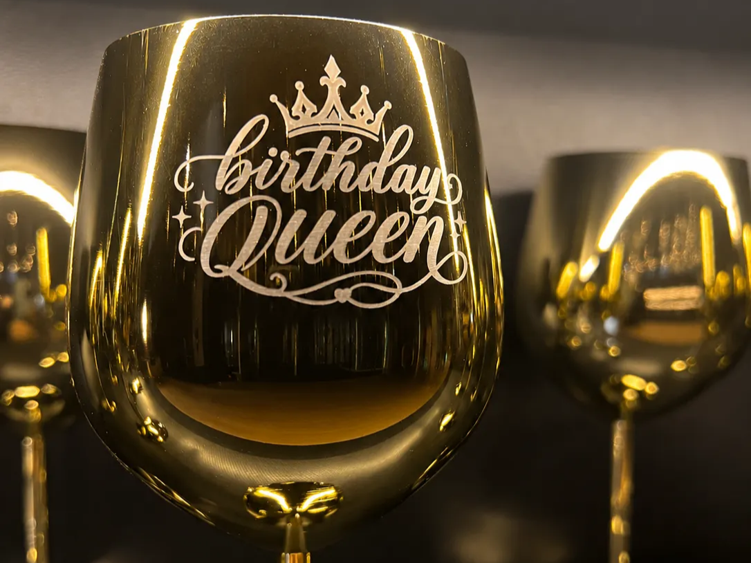 Gold Birthday Queen Wine Glass with Crown Motif
