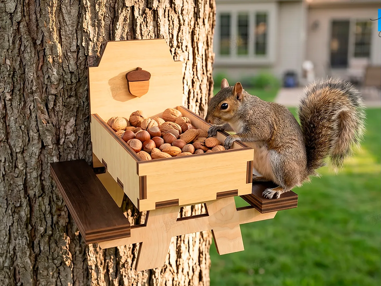 Wooden Picnic Table Squirrel Feeder with Acorn Detail LaserCut. Bird Feeder. Garden Decor. Free Design