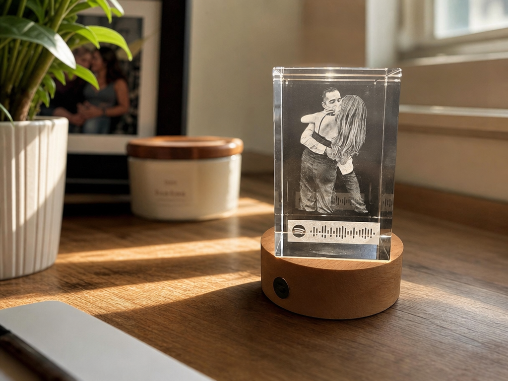 Personalized Photo Crystal Block with Spotify Music Code on Wooden Light Base