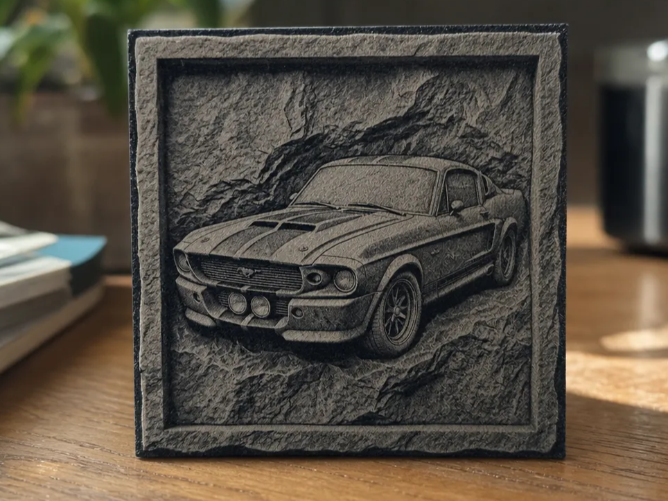3D illusion Ford Mustang Elenor on PLA (slate coasters work well too)