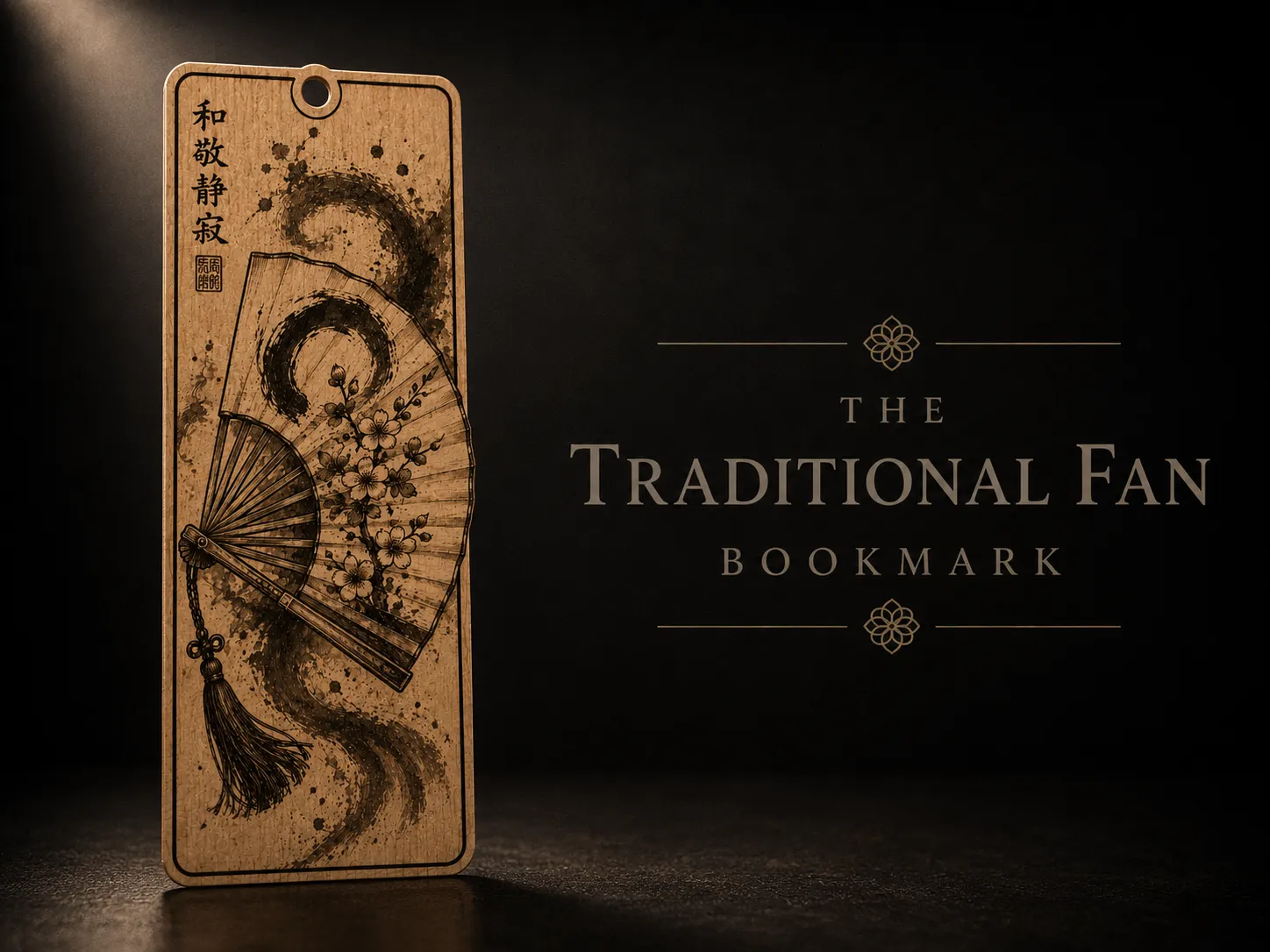 Japanese Fan Wood Laser Engraved Bookmark Pendant
