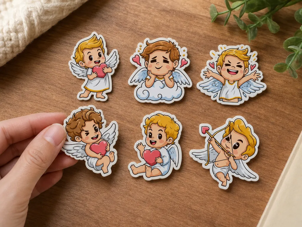 Set of Cute Cupid and Angel Stickers Pack with Hearts