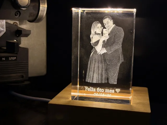 Illuminated Crystal Block with Couple Portrait and Anniversary Inscription
