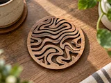 [Laser cut and engrave,Screen printing] Round Wooden Coaster with Abstract Wavy Cutout Pattern