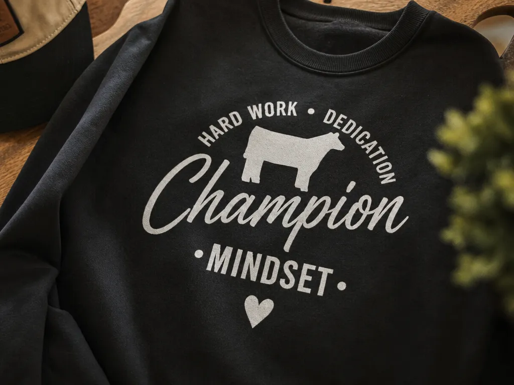 Black Sweatshirt Featuring Hard Work Dedication Champion Mindset Cow Graphic