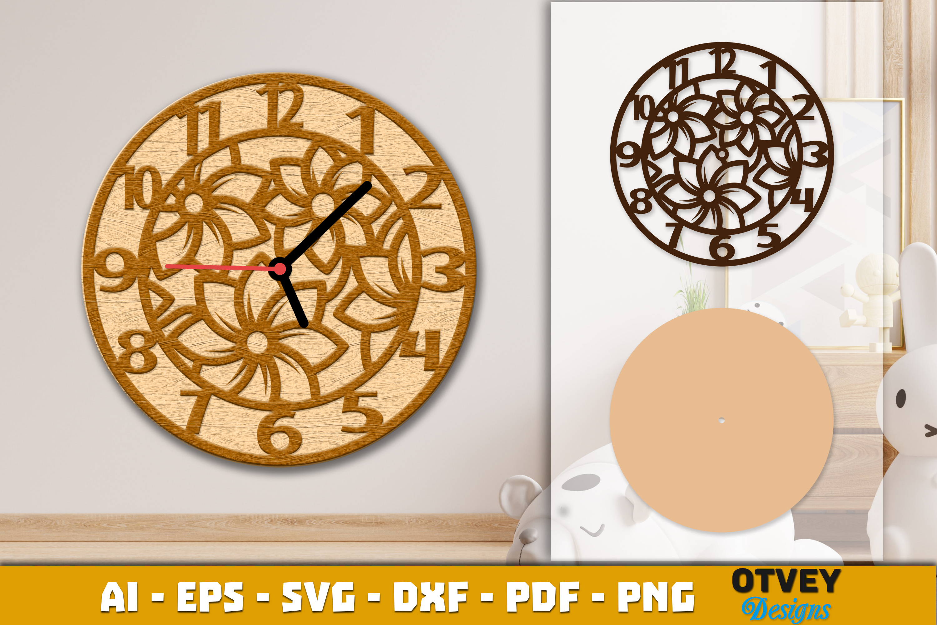 [Laser cut and engrave] Wooden Flower Wall Clock Lasercut 10 Designs