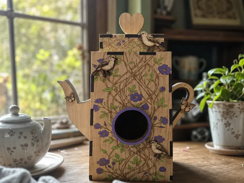 Nichoir en bois en forme de théière avec motifs floraux et oiseaux