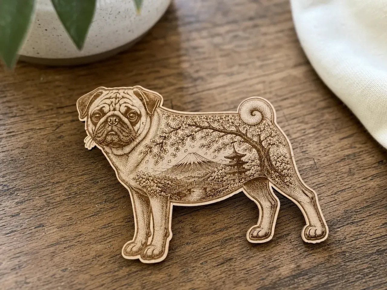 [Laser cut and engrave] Pug Silhouette Featuring Mount Fuji and Cherry Blossom Landscape