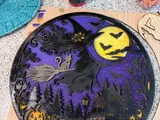 [Laser cut and engrave] Witch Flying on Broomstick with Cat and Haunted House Halloween Wall Sign