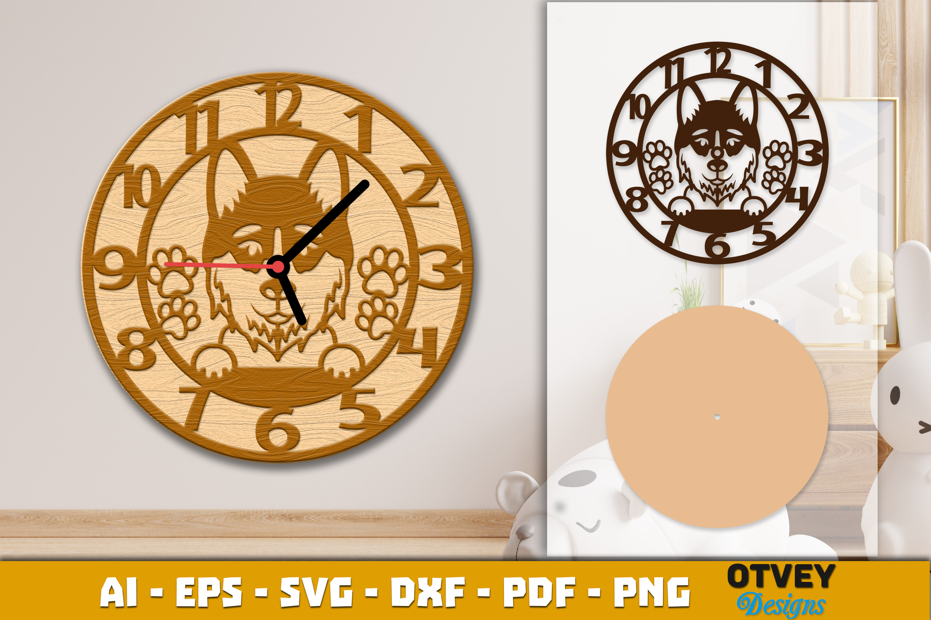 [Laser cut and engrave] Wooden Dog Wall Clock Lasercut 12 Designs