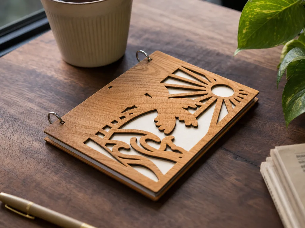 Wooden Notebook with Tropical Beach and Sun Cutout Cover