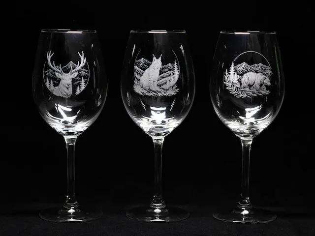 Gravures pour verre avec motifs animaux des Vosges - Cerf, Lynx, Ours, Chamois, Renard et Loup