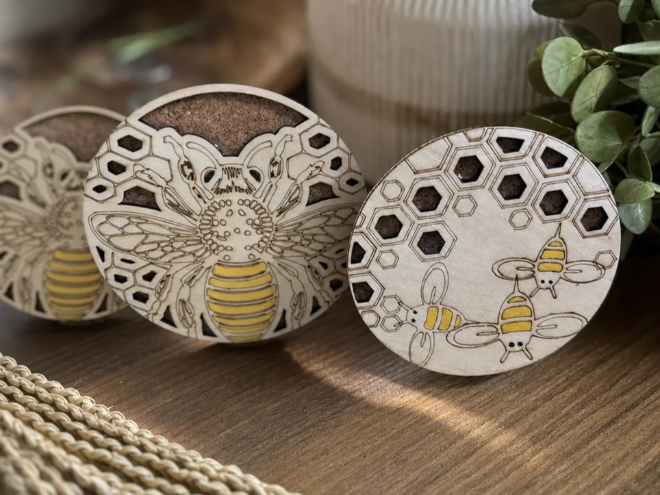 Round Wooden Bee and Honeycomb Coaster Set with Base to Hold Coasters