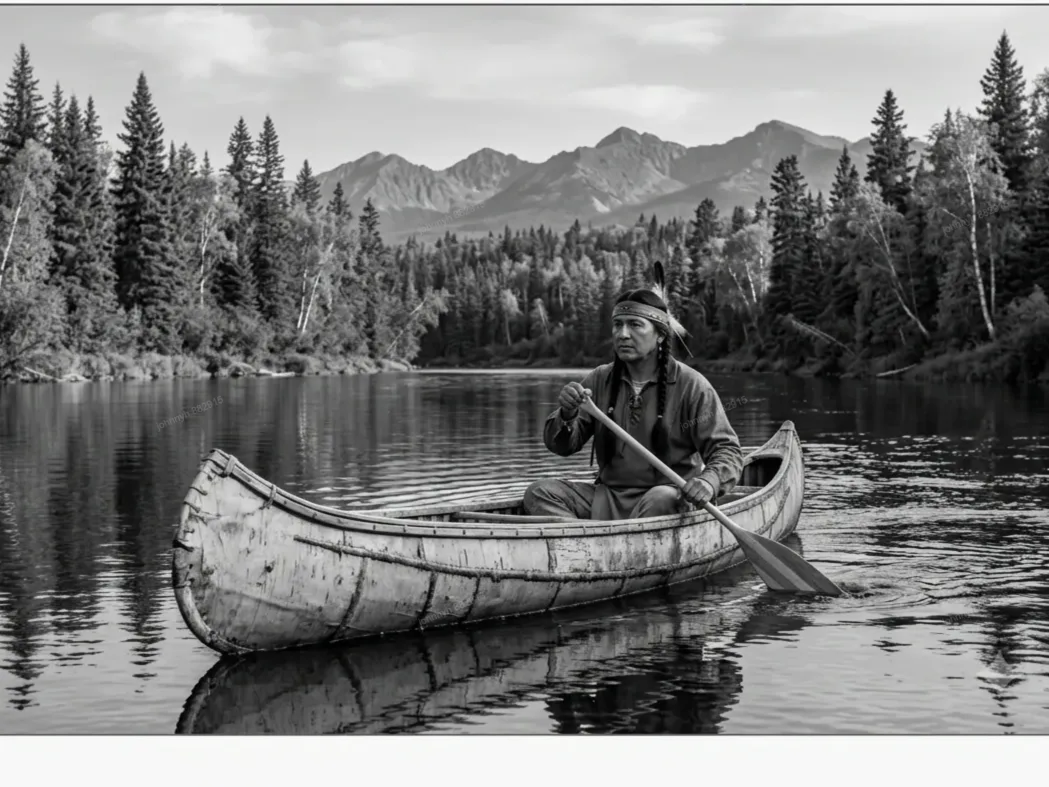 Indigenous man paddling a traditional birch bark canoe on a mountain lake