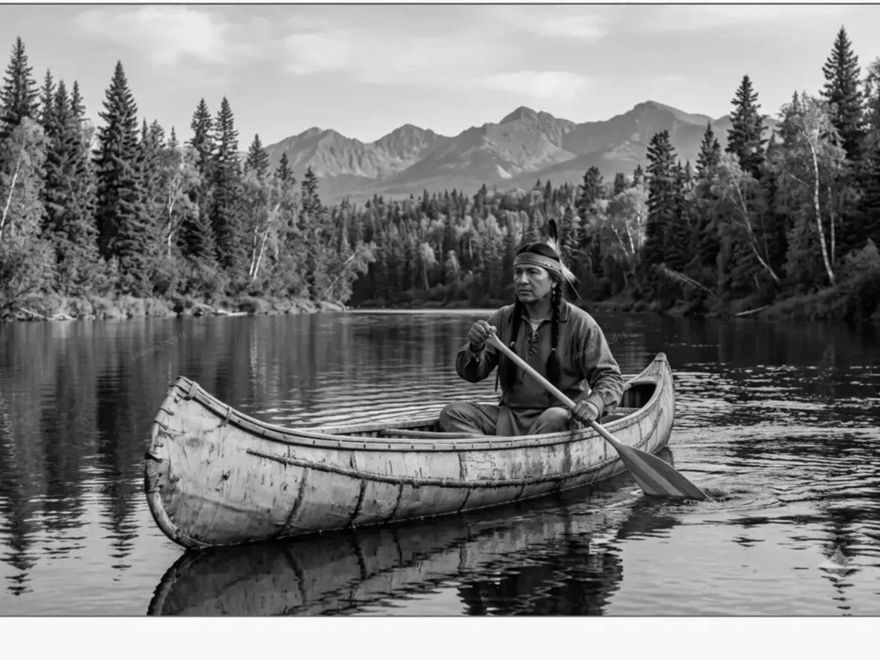 [Laser cut and engrave] Indigenous man paddling a traditional birch bark canoe on a mountain lake