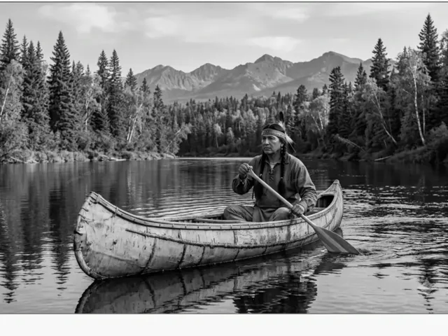 Indigenous man paddling a traditional birch bark canoe on a mountain lake