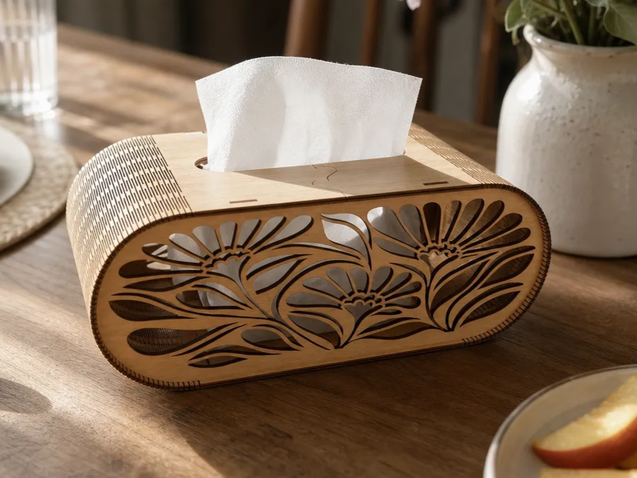 Oval Wooden Tissue Box Holder with Floral Cutout Pattern Laser Cut. Kutchen Decor. 3D Tissue Box. Tissue Holder