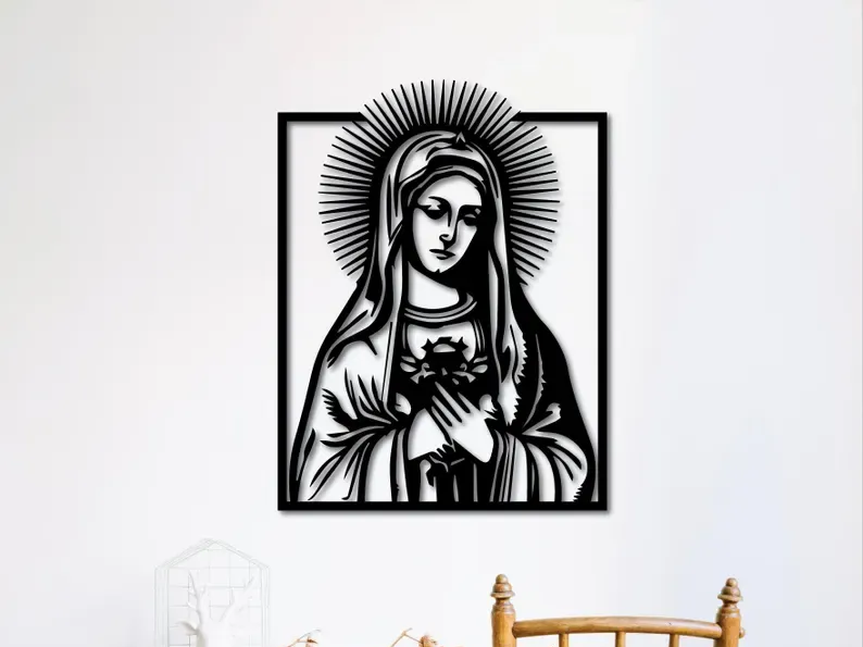 Sacred Heart of Mary Wall Art SVG, Virgin Mary Laser Cut File, Religious Wall Decor, Catholic SVG, Christian Home Decor