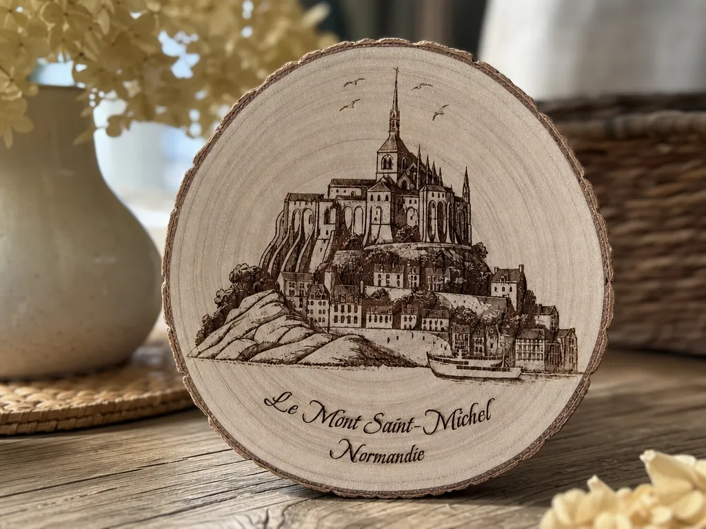 Tranche de bois décorative illustrant le Mont Saint-Michel en Normandie