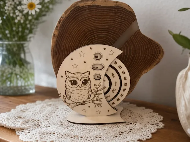 Ewiger Kalender aus Holz mit Eulenmotiv und Mondform