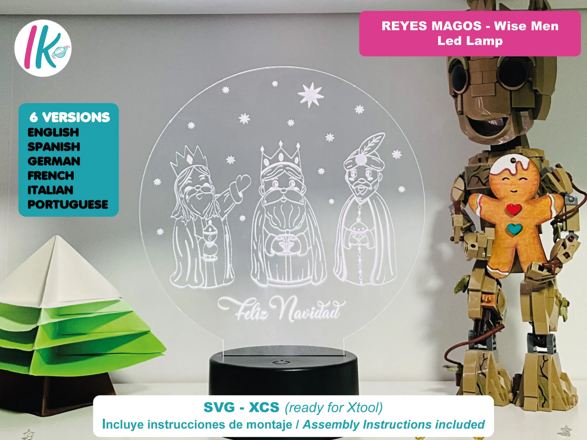 Reyes Magos Merry Christmas LED Night Light - Lámpara Led acrílicas navideñas. Feliz Navidad en 6 idiomas.