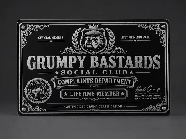 Grumpy Bastards Social Club Complaints Department Metal Sign